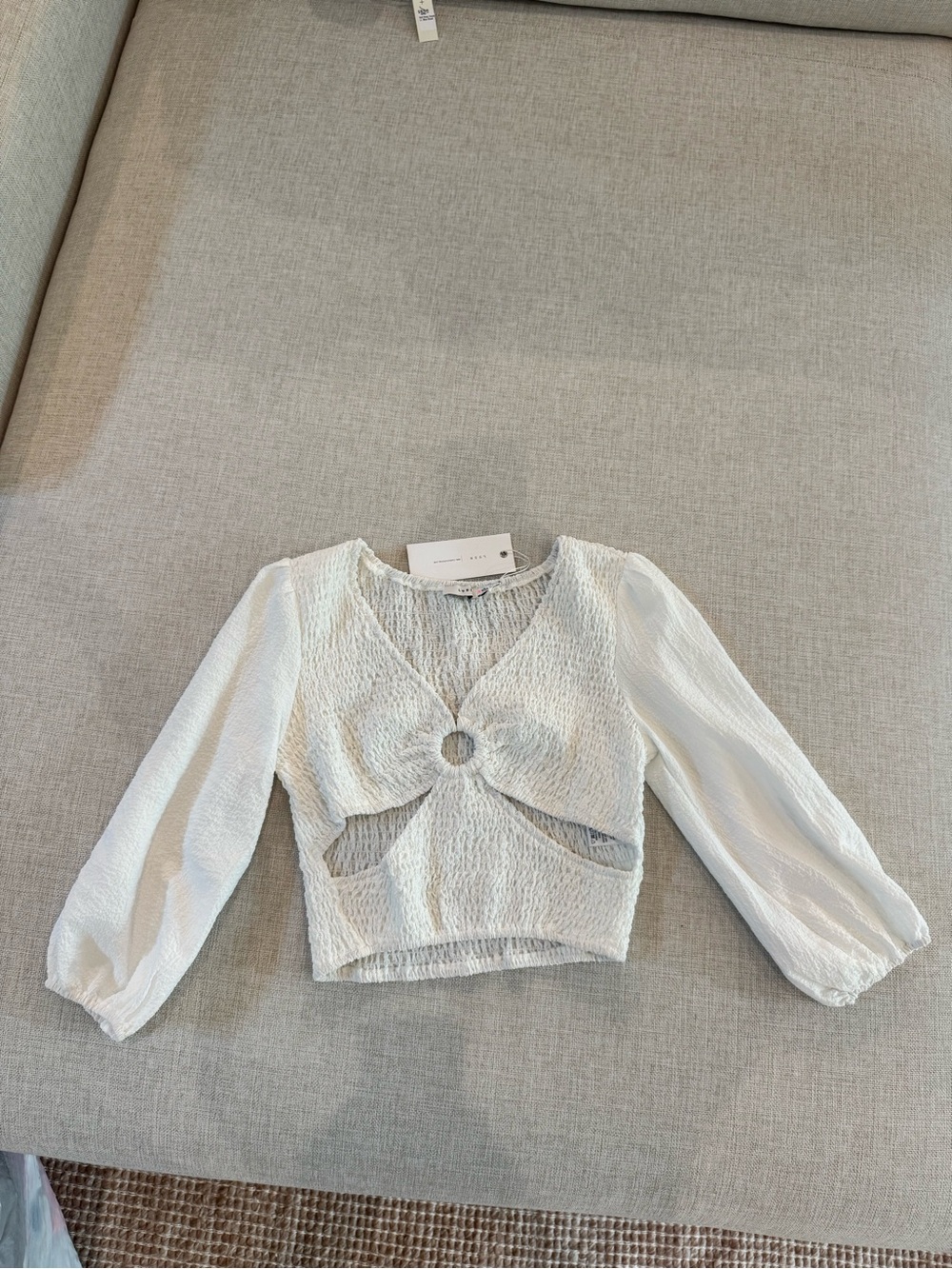 White Textured Long-Sleeve Top with Front Ring Detail